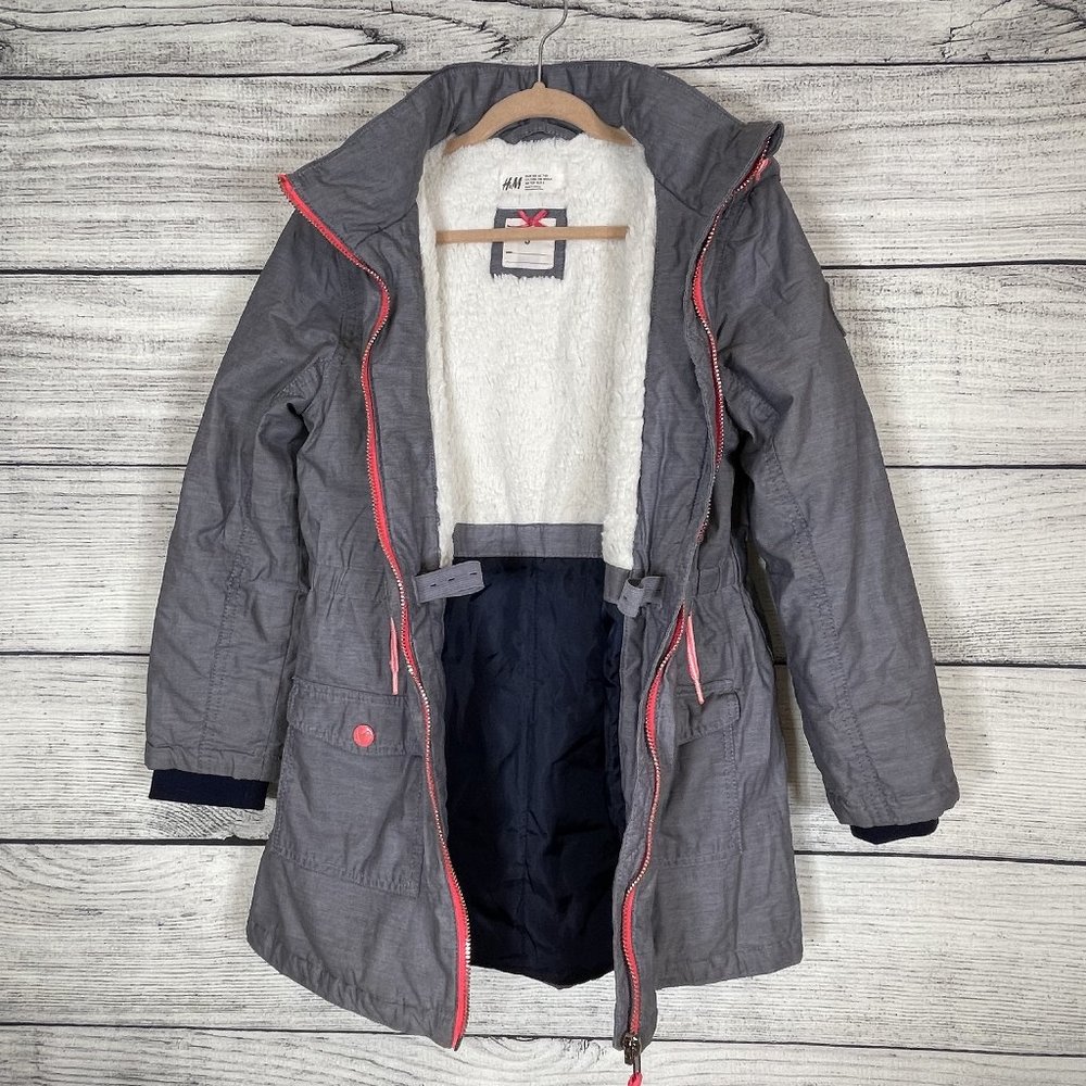 H&M Girl's Padded Parka Blue Gray Detachable Faux Fur Lined Hood Sz 7-8 - Picture 3 of 16